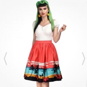 Collectif NWT Swing Skirt Jasmine Aloha 97% Cotton 16US Palm Flamingo Orange-red